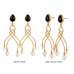 Boucles d'oreilles pendantes fantaisie en argent oxydé plaqué or, serties d'onyx, bijoux pour femmes, fabrication directe d'usine - Product Image 1