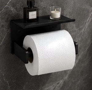 Portarrollos de Papel Higiénico Minimalista para Montar en la Pared con Soporte para Teléfono, Estante de Almacenamiento para Baño de Plástico Negro - Product Image 3