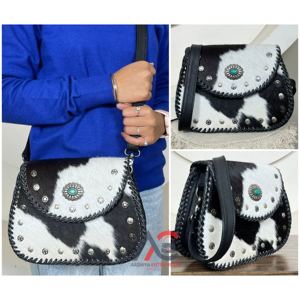 Nuevo Bolso Bandolera de Cuero de Vaca con Pelo Estilo Vintage Western, Elegante Bolso de Gran Capacidad con Concho Turquesa para Mujer - Product Image 1