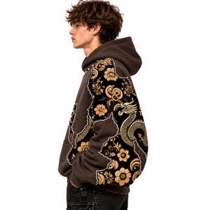<b>Men</b>’s <b>Brown</b> Black Dragon Floral Graphic Patchwork Pullover <b>Hoodie</b> Premium Streetwear - Product Image 2