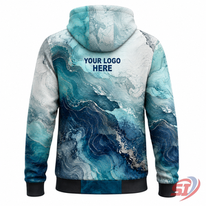 เสื้อฮู้ดดี้สั่งทำแบรนด์ส่วนตัว สีเขียวน้ำทะเล ซิปยาว พิมพ์ลายทั่วตัว รับผลิตแบบ OEM ODM เสื้อผ้าสตรีทแวร์ ขายส่ง - Product Image 2