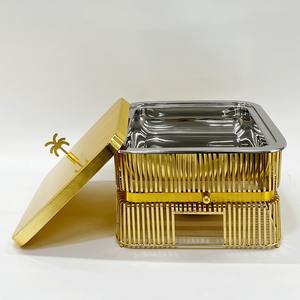 Luxury Gold Stainless Steel Square Chafing Dish <b>Buffet</b> <b>Food</b> <b>Warmer</b> Set with Palm Tree Handle & Vertical Slat Stand for Catering - Product Image 2