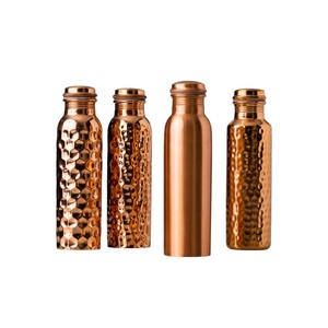 Botella de agua de cobre puro, acabado martillado y liso, para bebidas saludables, a prueba de fugas, reutilizable, botella deportiva de metal, juego de 4 unidades. - Product Image 1