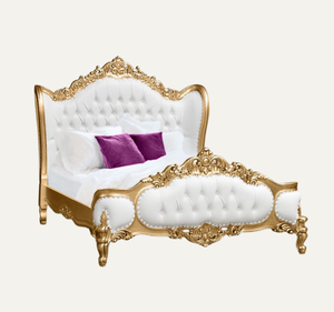 Cama King Size Clásica Europea de Lujo, Tapizada en Blanco, Madera de Caoba Sólida Tallada a Mano con Acabado Dorado, Muebles de Dormitorio Ensamblados - Product Image 1