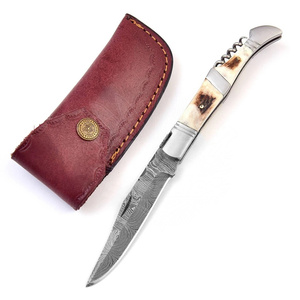 Cuchillo Plegable de Acero de Damasco Forjado a Mano de Grado Industrial UA Supplies con Sacacorchos y Abrebotellas para Camping EDC - Directo de Fábrica - Product Image 1