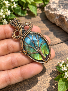 Pendentif Œil Arbre de Vie en Labradorite Naturelle, en Alliage de Cuivre Enroulé, Bijou Bohème Vintage, Charme, Cadeau Unisexe pour Enfants - Product Image 1