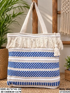Bohemian <b>Canvas</b> Tote Bag With Beaded Trim And Purple Tassels Open Top Striped Pattern All Seasons Shopping Bag thread pattern - Product Image 5