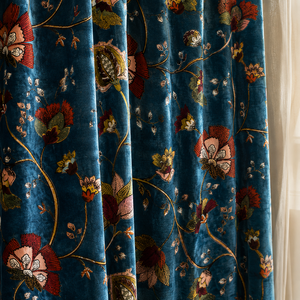 Floral Cotton Velvet <b>Curtain</b> Teal Blue Boho Drapes Custom Size Luxury <b>Window</b> Panel for Living Room Bedroom Decor - Product Image 1