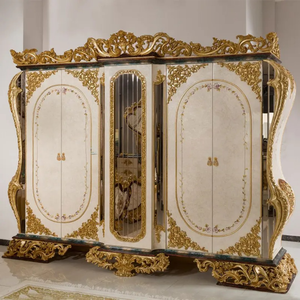 Ensemble de chambre à coucher de style européen antique en bois d'acajou doré de luxe, taille king, avec lit à baldaquin capitonné, fabriqué en Indonésie, livraison gratuite - Product Image 4