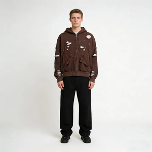 Sweat à capuche gaufré double couche pour homme, en coton déchiré, délavé à l'acide, avec fermeture éclair et effet vieilli, style streetwear - Product Image 4