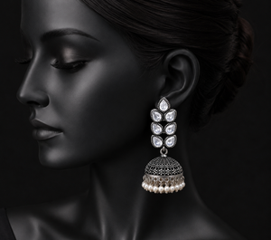 White Brass Zircon Oxidized Jhumka Drop <b>Earrings</b> Antique <b>Silver</b> Pearl Boho Wedding Jewelry Bulk Supplier - Product Image 1