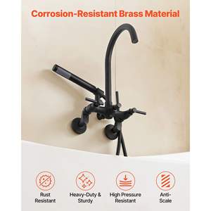 Robinet de baignoire vintage noir mat à pieds, robinet de baignoire mural, douchette à main, bras pivotants réglables, col de cygne rotatif - Product Image 5