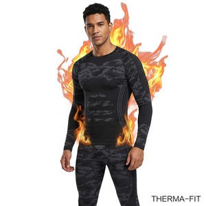 Ensemble de sous-vêtements de compression camouflage noir pour homme, haut à manches longues à col rond et pantalon, anti-transpiration, pour adultes - Product Image 3
