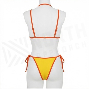 Ensemble de bikini contrastant jaune et orange, haut halter, bas string, détail perle, maillot de bain pour femme - Product Image 2