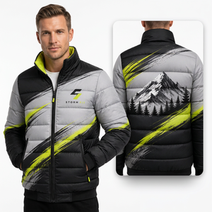 Men's Storm Puffer <b>Jacket</b> Stand Collar Zipper Closure Windproof Sporty Winter 100% Polyester Printed Mountain Design - Product Image 1