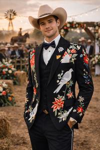 Blazer noir brodé de fleurs et d'oiseaux pour homme – Veste de costume de créateur pour mariage et soirée - Product Image 2