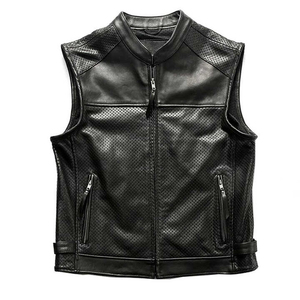 <b>Mens</b> <b>Black</b> Genuine Leather Waterproof Breathable Eco-Friendly Motorcycle <b>Vest</b> V-neck Zipper Closure Custom Biker Riding <b>Vest</b> OEM - Product Image 1