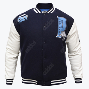 เสื้อแจ็คเก็ตวาร์ซิตี้ผู้ชายแบบมีโลโก้สั่งทำพิเศษ ตัวเสื้อทำจากผ้าขนสัตว์ แขนเสื้อทำจากหนัง PU ปักลายคุณภาพสูง เสื้อแจ็คเก็ตบอมเบอร์สไตล์วิทยาลัย - Product Image 1