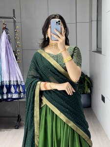 Ensemble Lehenga Choli en coton vert Mul Mul pour femme, broderie à bordure dorée, longueur ras du sol, tenue traditionnelle indienne pour mariage, séchage rapide, toutes saisons - Product Image 5