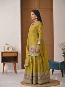 Ensemble Sharara en soie jaune pour femme avec broderie et dupatta pour mariage, robe traditionnelle indienne et pakistanaise longue jusqu'au sol - Product Image 2