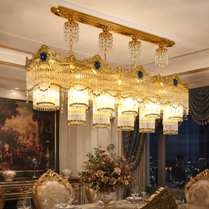 Lámpara de Araña de Cristal Dorado de Lujo con Detalles de Gemas Azules, Lámpara Colgante Rectangular para Decoración de Interiores de Villas y Hoteles - Product Image 1