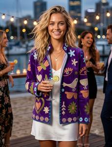 Blouson Bomber Brodé pour Femme, en Velours avec Patchwork, Col Montant, Doublure Coton, Vêtement d'Extérieur Tendance - Product Image 1
