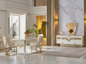 Ensemble de salle à manger moderne de luxe en fer, table rectangulaire en acier inoxydable doré avec 6 chaises, mobilier contemporain pour villa et cuisine - Product Image 5