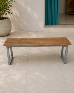 Banc de patio en teck massif à bords naturels, 2 places, avec pieds en métal, design traditionnel, durable, pour l'extérieur, hôtel, cour - Product Image 2