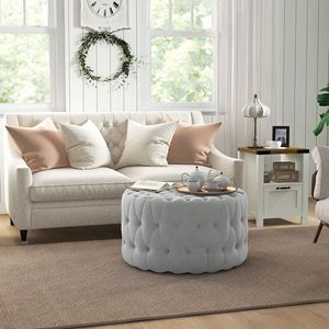 Round Gray <b>Ottoman</b> with Velvet Feel Button Tufted Design Padded Seat Upholstered Foot <b>Stool</b> for Home Office Living Room Entryway - Product Image 2