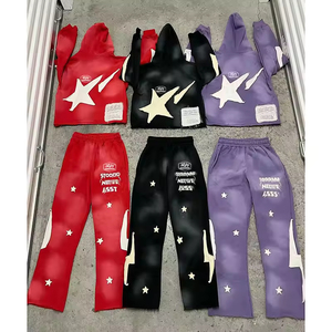 Acid Wash Sweatsuit for Men Zipper Hoodie and Flared Sweatpants Set Distressed Patch Streetwear Tracksuit Cotton Oversized - Product Image 2