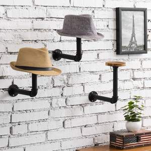 Industrial Pipe Hat Rack Hooks with Wooden <b>Shelf</b> Black Metal Brown Wood <b>Wall</b> <b>Mount</b> Organizer for Hats Wigs Helmets Caps - Product Image 5