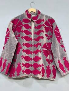 Women's <b>Velvet</b> Blouson <b>Jacket</b> With Flock Floral Pattern Stand Collar Full Sleeve Autumn Outerwear Wholesale Suzani <b>Jackets</b> - Product Image 4