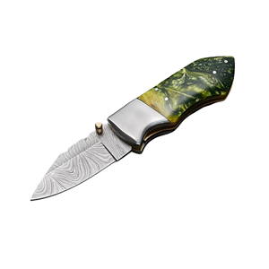 Damascus Pocket Knife Folding Knife with Resin Handle & <b>Leather</b> Sheath Custom Folding Knife Damascus Blade EDC Knife for Gift - Product Image 3