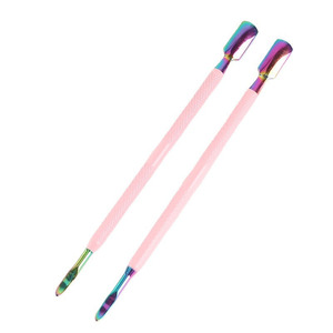 Dual-End Stainless Steel Nail Pusher <b>Set</b> <b>Pink</b> Handle Rainbow Tip Manicure <b>Tool</b> Reusable Cuticle Pusher for Nail Care - Product Image 2