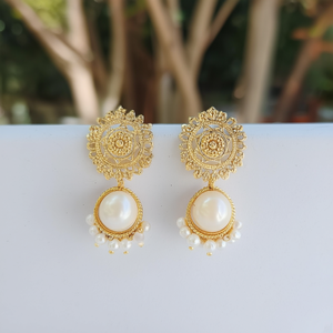 Traditional Gold Plated Pearl Drop Jhumka Earrings-Ethnic Geometric Charm - Product Image 3