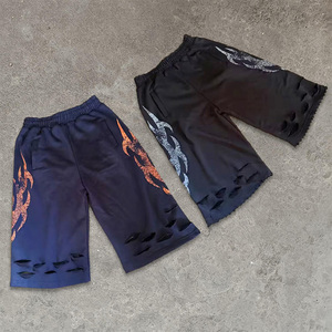 OEM Manufacturer Streetwear Custom Sublimation Printed Solid Stone Wash Ripped Distressed Cotton Sweat Shorts Men Casual <b>Elastic</b> - Product Image 4