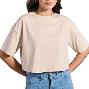 INDEX APPAREL Women's Beige Crop <b>Top</b> Crew Neck Short Sleeve Loose Fit Solid Color Casual Summer Wear - Product Image 2
