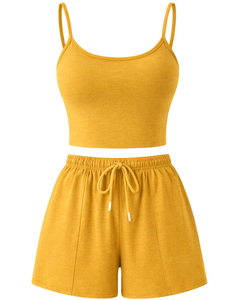 Conjunto de 2 Piezas Amarillo para Mujer, Top Corto sin Mangas con Cordón Ajustable y Pantalones Cortos, Tejido Sólido Transpirable, Casual, Primavera Verano - Product Image 1