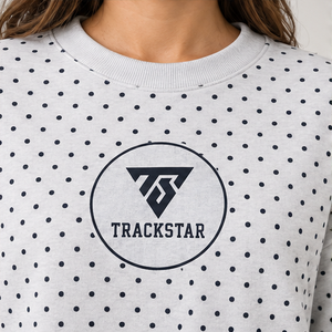 Sweat-shirt à col rond gris chiné clair pour femme avec pois bleu foncé sur toute la surface, manches longues, logo personnalisé - Product Image 6