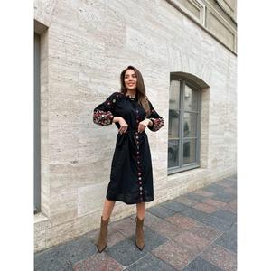 Vestido de Mujer Estilo Boho Étnico, Bordado, Hecho a Mano en Ucrania, Color Negro, Cintura Natural, 100% Algodón, Corte en A, Largo hasta la Rodilla - Product Image 1