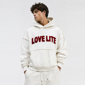 Sweat à capuche brodé en chenille pour homme, coupe oversize, en molleton de coton, style streetwear décontracté, avec ourlet brut, pull d'hiver - Product Image 1