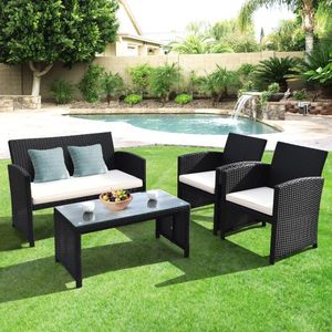 Set di 4 Mobili da Giardino in Rattan con Cuscini Resistenti alle Intemperie e Piano in Vetro Temperato, Arredamento da Esterno Durevole - Product Image 3