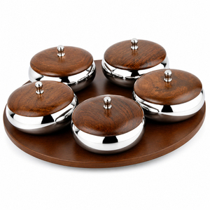 Juego de 3 cuencos de lujo para dátiles, dorados y martillados, con bandeja de madera de mango, cuenco metálico para dátiles, cuenco para servir frutos secos para Ramadán, para bodas - Product Image 6