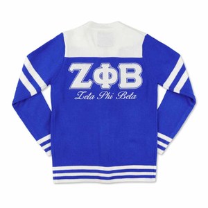 เซต้า |   ฟี |   เสื้อสเวตเตอร์ผู้หญิง Beta Sorority แบบติดกระดุม ลายตราสัญลักษณ์ สีน้ำเงิน/ขาว เสื้อผ้าสมาคมพี่น้องชาวกรีก ปักลายอะคริลิคเชนิลล์ - Product Image 2