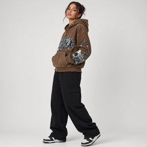 Custom <b>Men's</b> Brown Zip-Up <b>Hoodie</b> With <b>City</b> Print Oversized Streetwear Sweatshirt Regular Fit French Terry Material For Unisex - Product Image 4