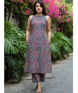 Latest Summer Collection Cotton Printed Kurta <b>Pant</b> Set Sleeveless A <b>Line</b> Tunic Palazzo <b>Pants</b> for Daily Casual Wear for Women Fit - Product Image 1