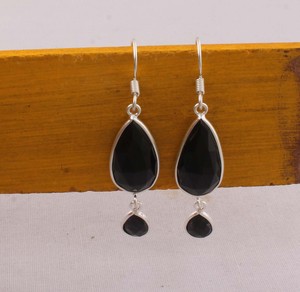 Handcrafted 925 <b>Sterling</b> <b>Silver</b> Black Onyx <b>Earrings</b> Vintage Boho Style Teardrop Stone <b>Dangle</b> <b>Earrings</b> Manufacturer Direct - Product Image 4