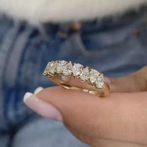 Bague demi-éternité avec diamant simulé taille poire de 2 carats |   Or jaune 14 carats ou argent sterling |   Bague de fiançailles pour femme - Product Image 1