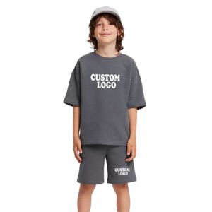Ensemble de vêtements d'été 2 pièces de haute qualité avec logo personnalisé, nouveau, vente en gros, t-shirt et short pour enfants, broderie gaufrée, en coton - Product Image 5