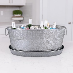 Grande baignoire de fête ovale en métal galvanisé avec plateau de récupération des gouttes assorti, refroidisseur de boissons rustique en acier argenté - Product Image 6